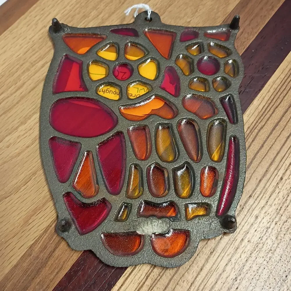 Owl Trivet Pot Holder Orange Red Resin Stained Glass Metal Frame Wall Plaque